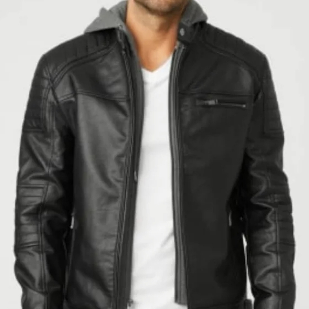 NEW! GUESS Men's Distressed Faux Leather Moto  Jacket Sweatshirt Hood Black M.